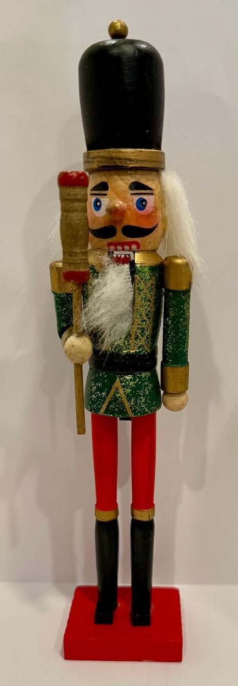 9” Traditional Wooden Soldier Nutcracker with Green Glittered Uniform and Staff
